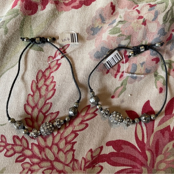 Adjustable Black String Bracelet Rhinestone Pearl Silver Tone Beads LARGE Wrist - Picture 12 of 14